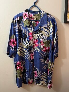 Island Passport Blue Hawaiian Floral Camp Shirt with Pink Hibiscus
